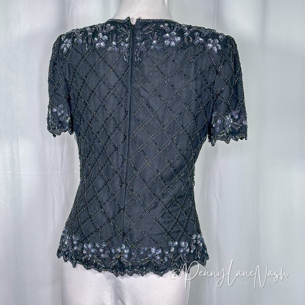 Stenay Vintage 80'S Floral Sequin Beaded Mesh Trim Blouse Black - Picture 10 of 14